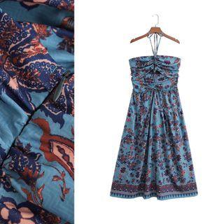 Spaghetti-strap Halter Neck Floral Midi A-line Dress