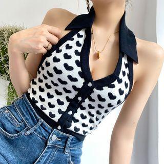 Collared Heart Print Crop Knit Halter Top