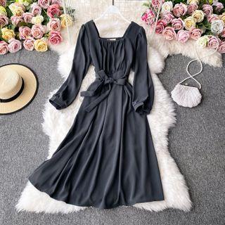 Square-neck Long-sleeve Dress With Sash