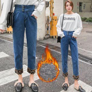Leopard Print Cuff Straight Cut Jeans