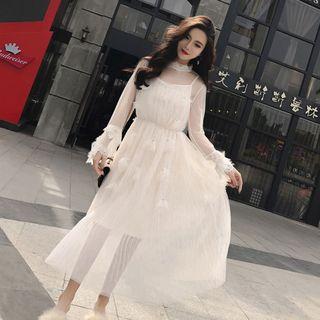 Mock-turtleneck Long-sleeved Sequined Panel Mesh Long Sheath Dress