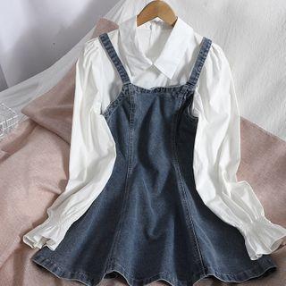 Mock Two-piece Puff-sleeve A-line Denim Dress