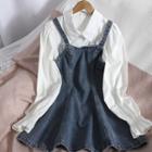 Mock Two-piece Puff-sleeve A-line Denim Dress
