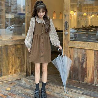 Puff-sleeve Flower Print Shirt / Button-up Mini Overall Dress