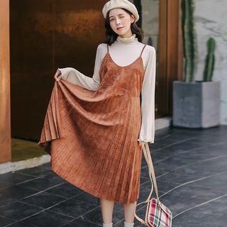 Spaghetti Strap Midi Pleated Pinafore Dress