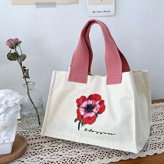 Flower Print Lunch Bag Red Flower - Beige - One Size