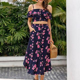 Set: Floral Cold-shoulder Crop Top + Midi A-line Skirt