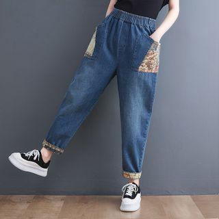 Printed Panel Tapered Cropped Jeans