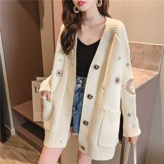 V-neck Star & Star Embroidered Ripped Cardigan