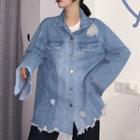 Frayed Hem Buttoned Ripped Denim Jacket As Shown In Figure - One Size