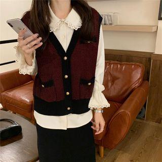 Bell-sleeve Collared Blouse / Single-breasted Vest / Midi A-line Skirt