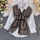 Set: Contrast-trim Houndstooth Vest + Long-sleeve Shirt