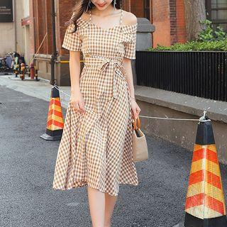 Plaid Short-sleeve Cold-shoulder A-line Sundress