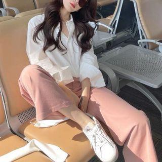 Set: Long Sleeve Plain Shirt + Wide-leg Pants