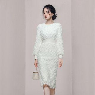Lantern-sleeve Lace Midi Sheath Dress