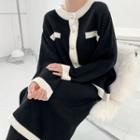 Contrast-trim Button Knit Cardigan