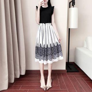 Set: Plain Sleeveless Top + Printed A-line Midi Skirt
