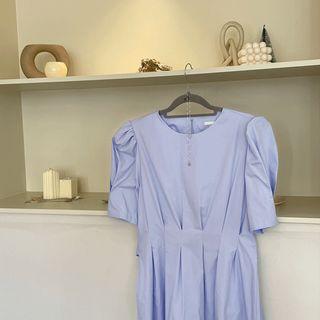 Puff-sleeve Pintuck-trim Tie-waist Dress
