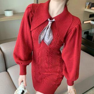 Necktie Puff-sleeve Knit Dress