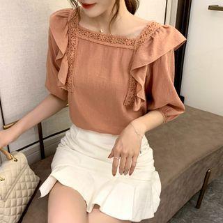 Balloon-sleeve Crochet Trim Ruffle Blouse