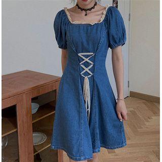 Puff-sleeve Lace-up Denim A-line Dress
