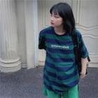 Lettering Striped Elbow-sleeve T-shirt Stripes - Green - One Size