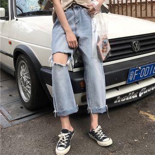 Distressed Wide-leg High-waist Denim Pants