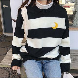 Moon Embroidered Striped Long-sleeve Sweatshirt