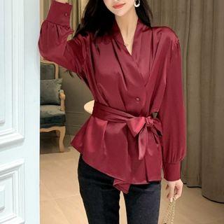 Long-sleeve Drawstring Waist Plain Shirt