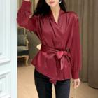 Long-sleeve Drawstring Waist Plain Shirt