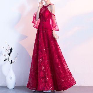 3/4-sleeve Cutout A-line Wedding Gown