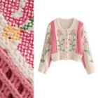 Color Block Floral Jacquard Knit Cardigan