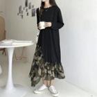 Asymmetrical Long-sleeve Camo Panel Midi A-line Dress Black - One Size