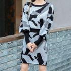 Set: Camouflage Print Sweater + Knit Mini A-line Skirt