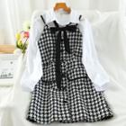 Set: Plain Shirt + Mini A-line Houndstooth Pinafore Dress