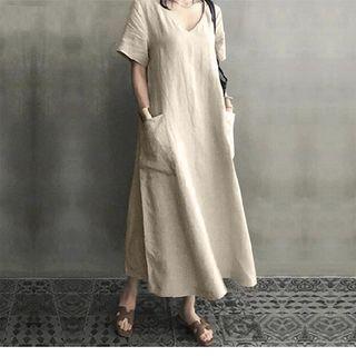 Short-sleeve V-neck Linen Midi A-line Dress