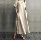 Short-sleeve V-neck Linen Midi A-line Dress