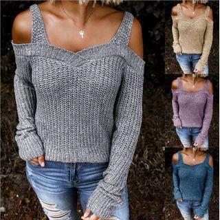 Off-shoulder Long Sleeve Plain Loose-fit Sweater