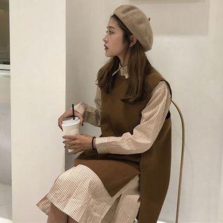 Long Knit Vest / Long-sleeve Striped Shirt Dress