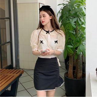 Puff-sleeve Collared Tie Accent Blouse / High-waist Lace Trim Skirt
