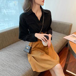 Set: Long-sleeve Collared Top + High Waist A-line Skirt