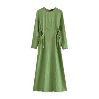 Long-sleeve Drawstring Cutout Midi A-line Dress