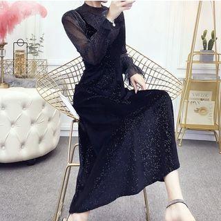 Set: Mock Neck Glitter Top + Glitter Spaghetti Strap Dress