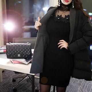 Knit-trim Padded Long Coat With Belt