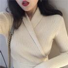 V-neck Long-sleeve Knit Top / High Waist A-line Skirt