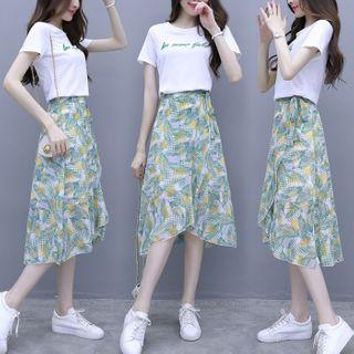 Set: Letter Embroidered Short-sleeve T-shirt + Leaf Print Midi A-line Skirt