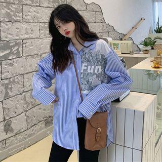 Long-sleeve Striped Printed T-shirt Stripe - Blue - One Size