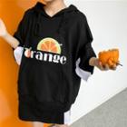 Set: 3/4-sleeve Orange Print Hoodie + Contrast Trim A-line Mini Skirt