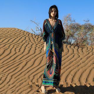 Printed Flared-sleeve Maxi Dress