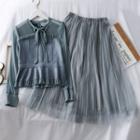 Set: Patchwork Long-sleeve Top + Mesh A-line Skirt